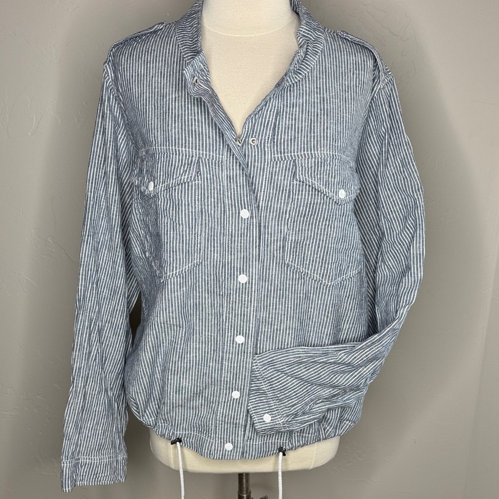 Thin Blue & White Stripe /Snap Front /Drawstring Waist Linen Blend Jacket or Top